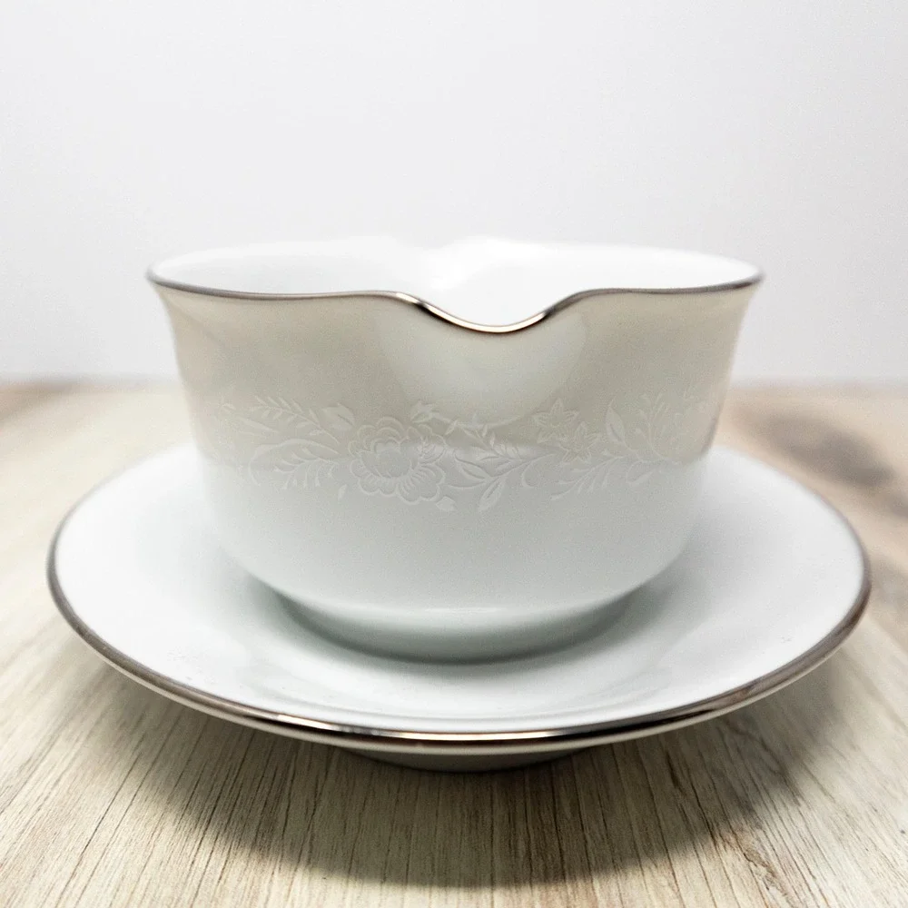 Noritake Reina Gravy Boat Attached Underplate Platinum Trim White China Vintage
